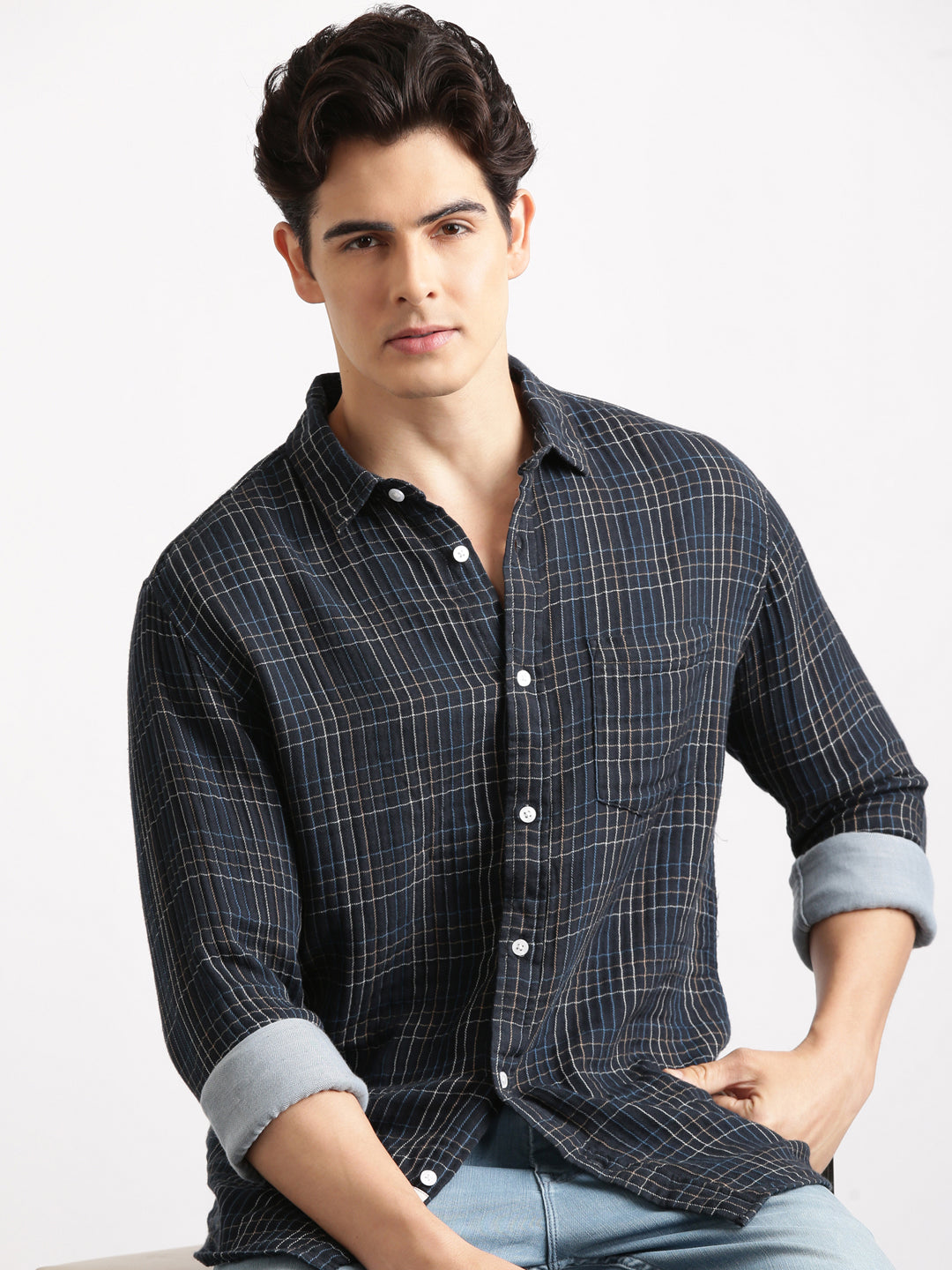Mid Night Blue Cheks Regular Fit Shirt