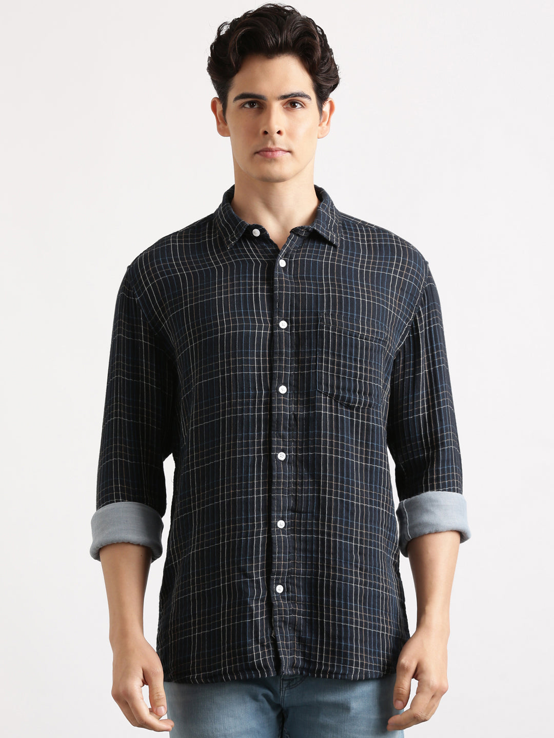 Mid Night Blue Cheks Regular Fit Shirt