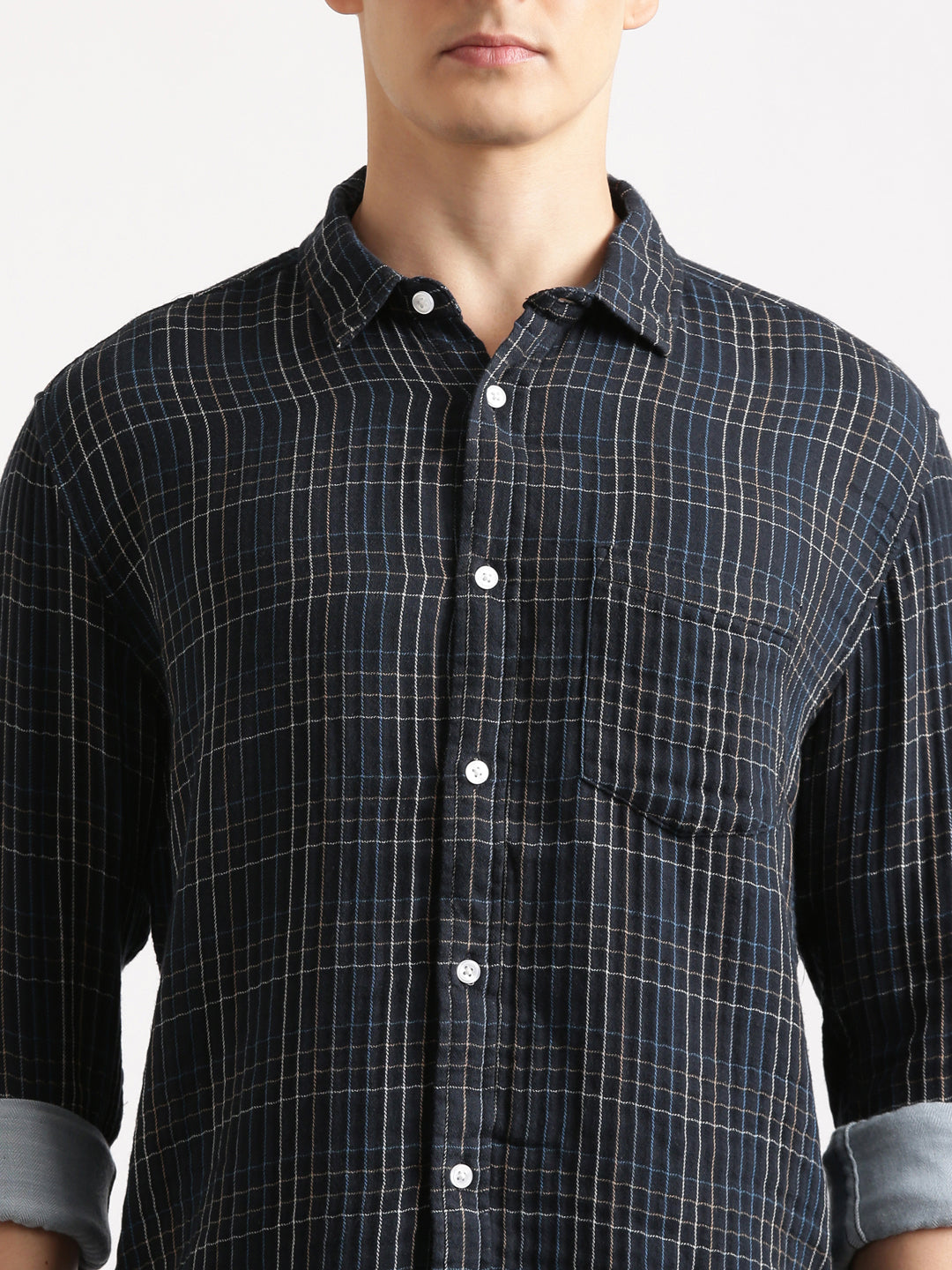 Mid Night Blue Cheks Regular Fit Shirt