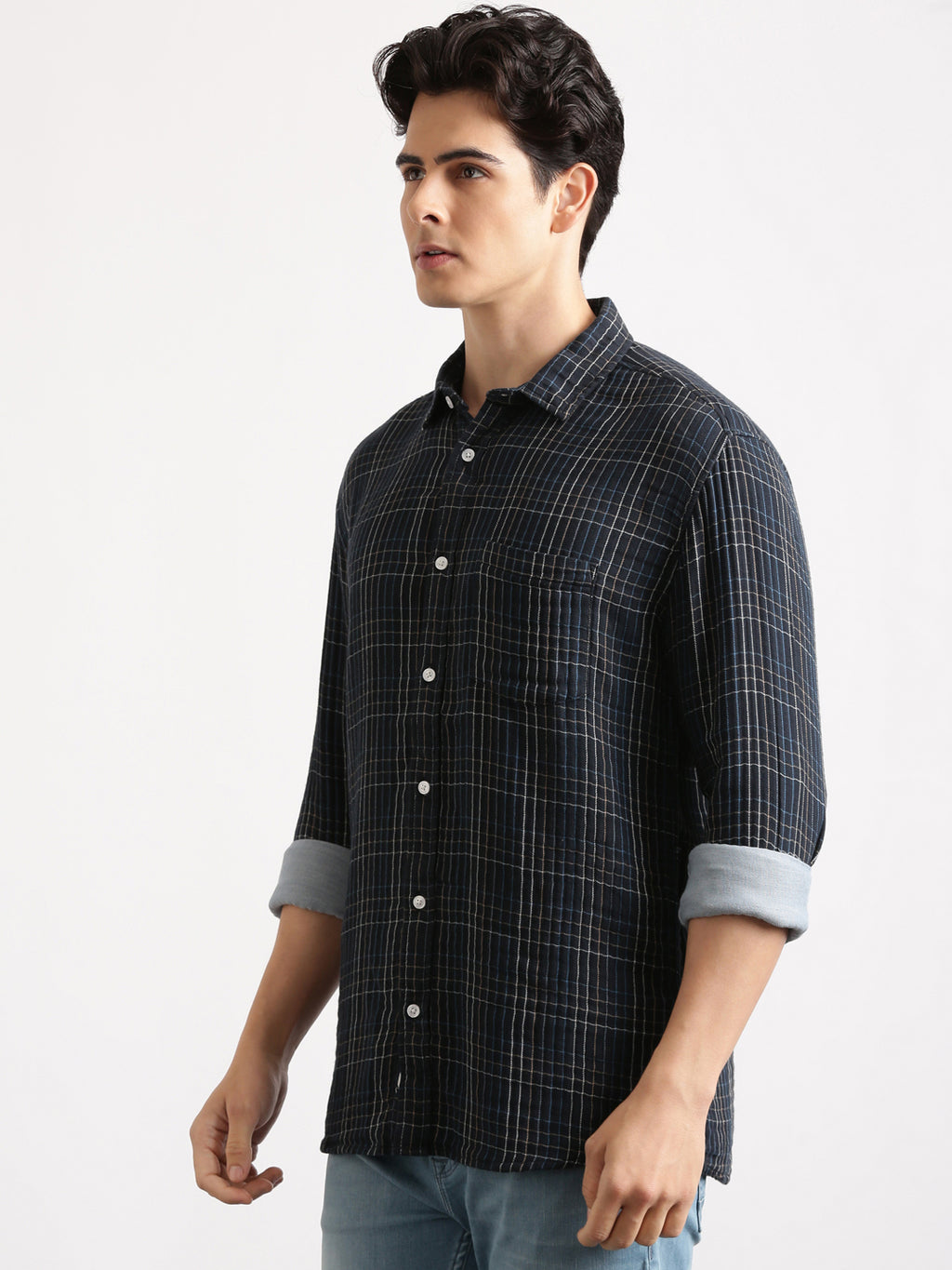 Mid Night Blue Cheks Regular Fit Shirt
