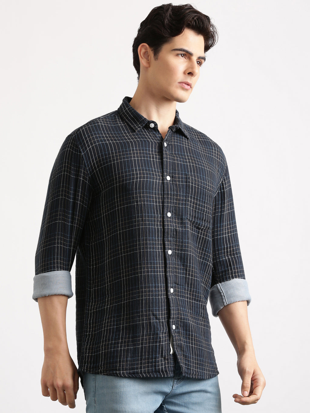 Mid Night Blue Cheks Regular Fit Shirt