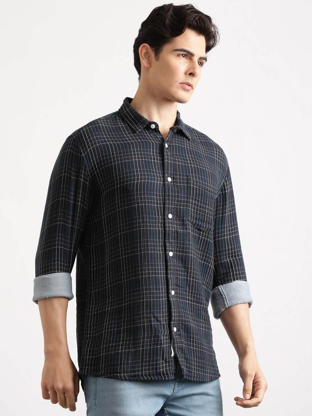 Mid Night Blue Cheks Regular Fit Shirt