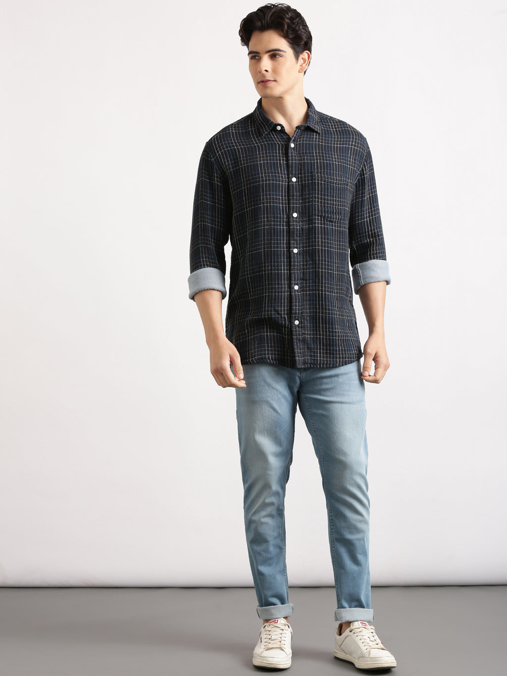Mid Night Blue Cheks Regular Fit Shirt