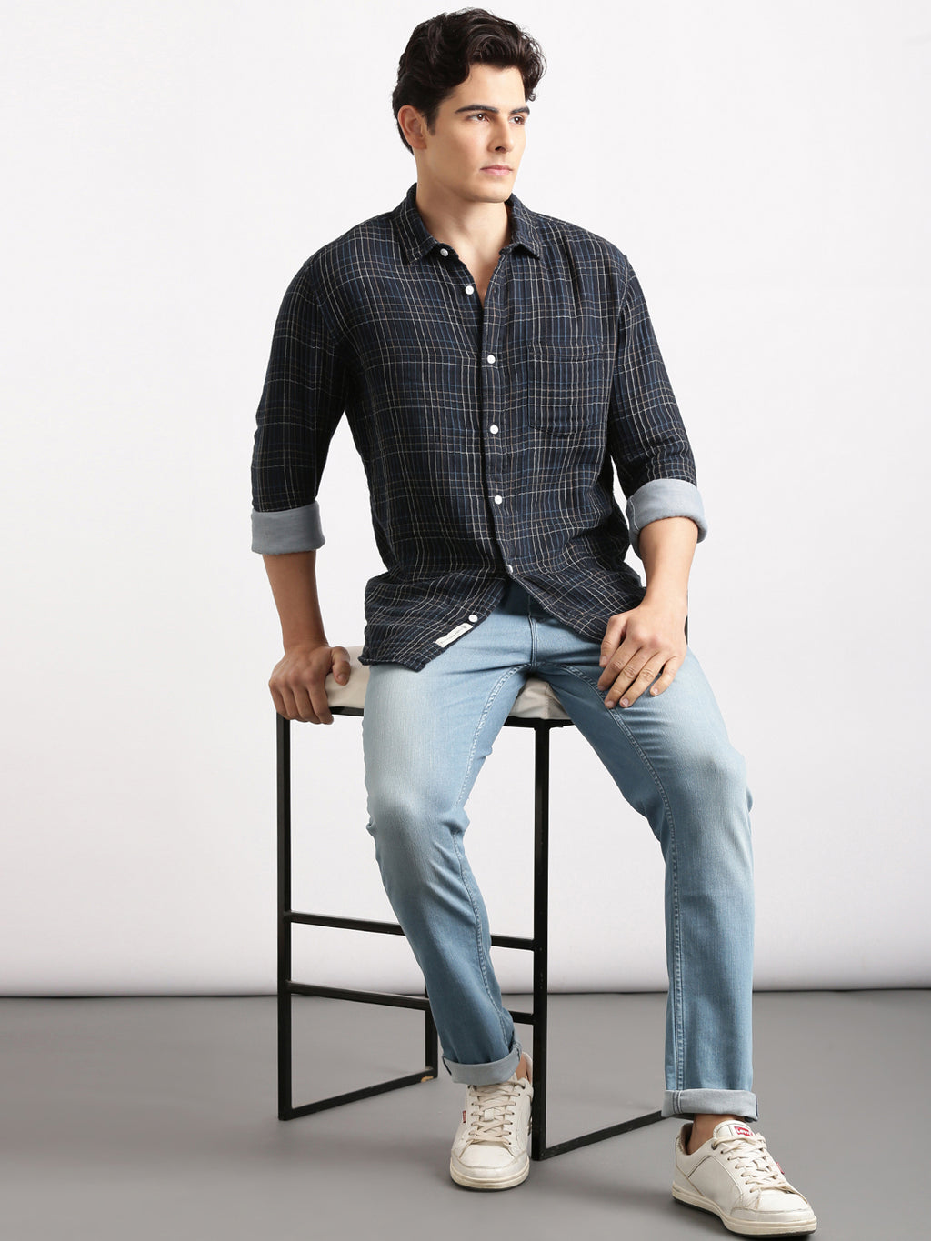 Mid Night Blue Cheks Regular Fit Shirt