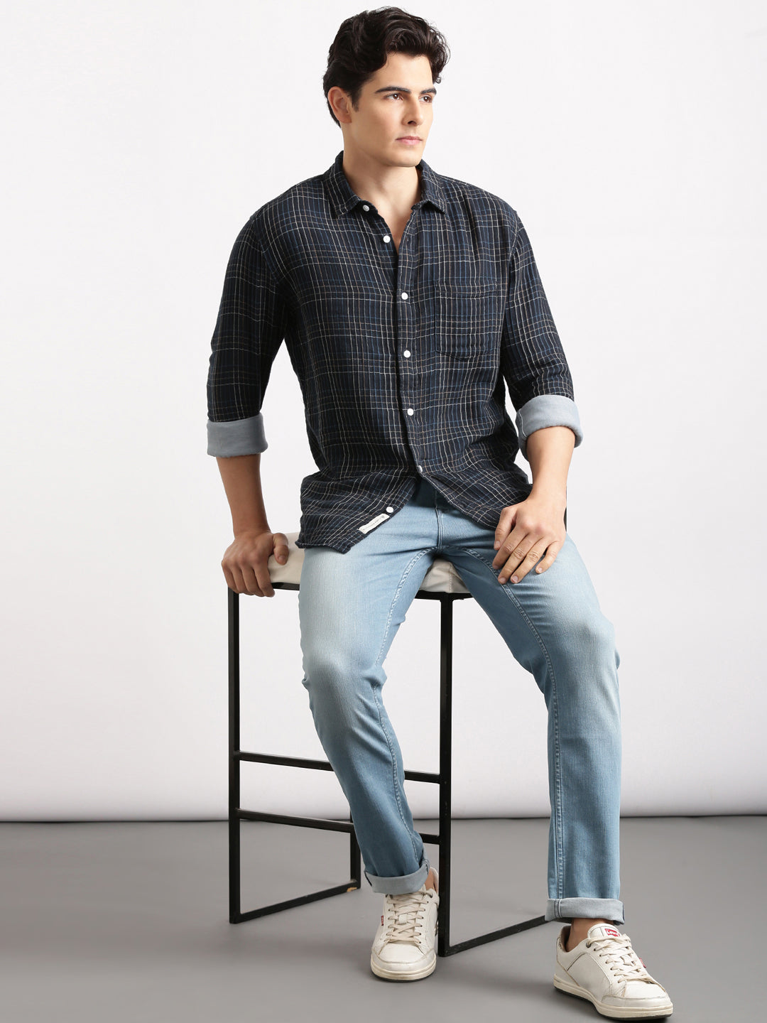 Mid Night Blue Cheks Regular Fit Shirt